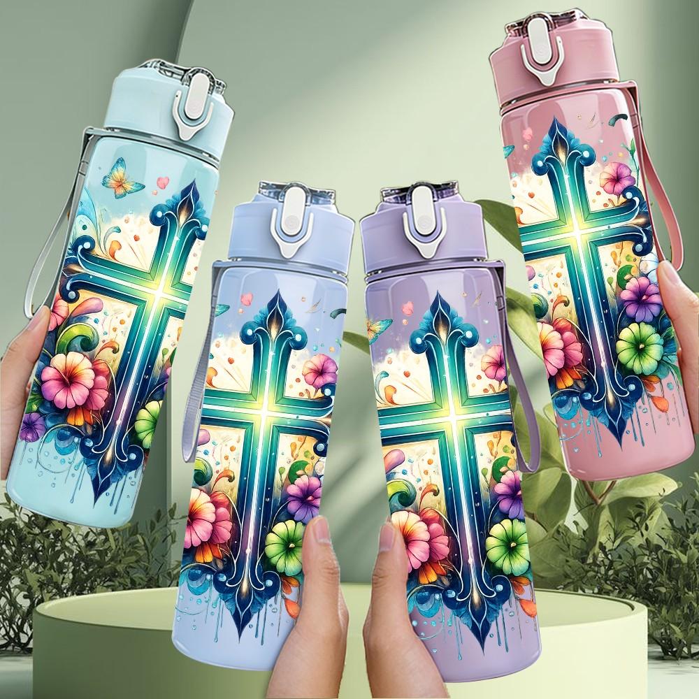 1PC Color Floral Christian Cross Print 750ml Color Plastic Sports Water Bottle Leakproof Flip Straw Lid Suitable for Sports Office Home Use