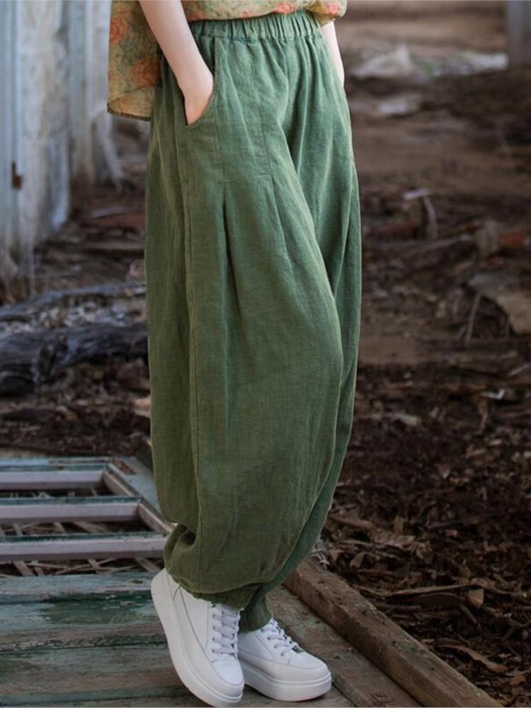 Женские свободные повседневные брюки-фонарики из ретро-рами 2023 года, новые осенне-зимние женские длинные брюки с эластичной резинкой на талии и карманами в винтажном стиле