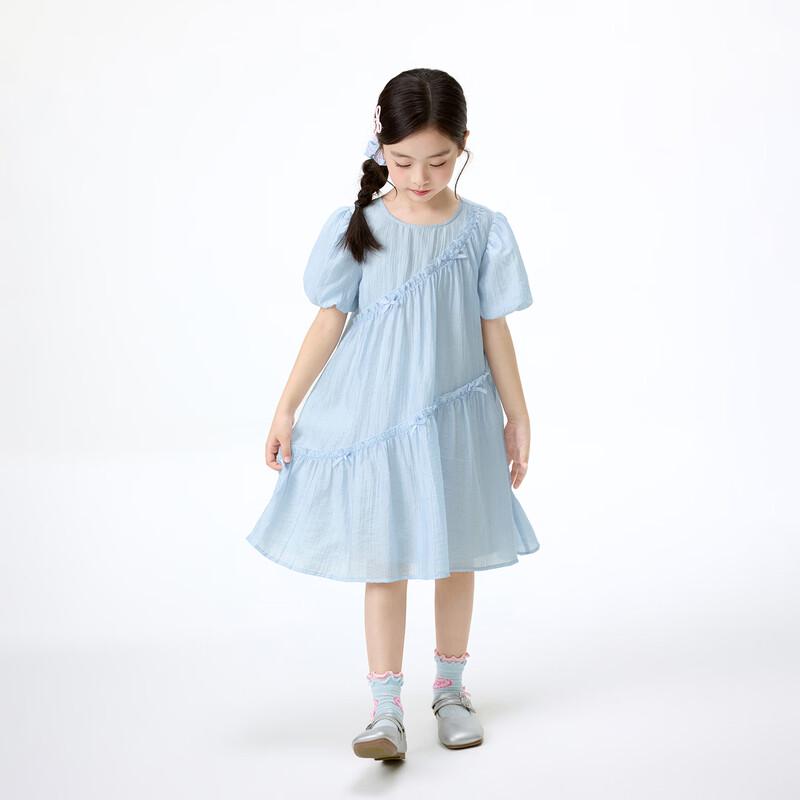 Little Yinman Girls' Blue Bowknot Ruffle Bubble Sleeve Dress