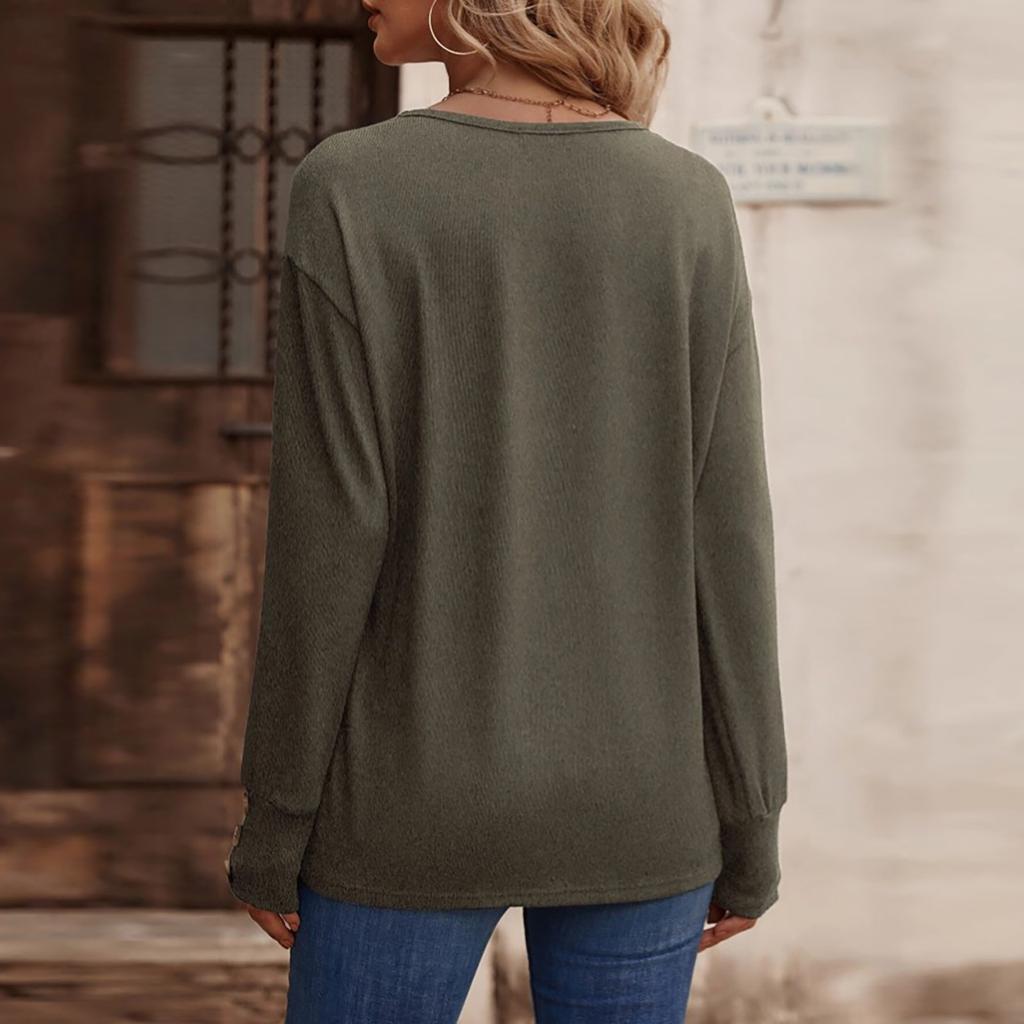 Women's Autumn/Winter Solid Color V-neck Loose Long Sleeved T-shirt Button Top