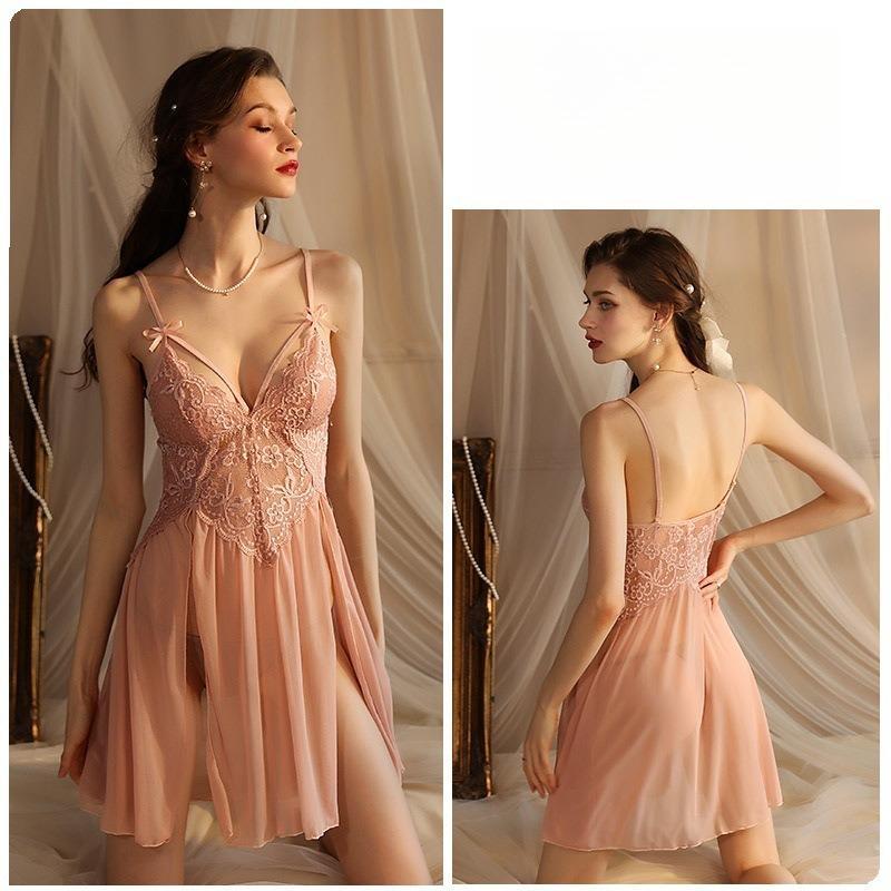 Сексуальный сетчатый кружевной комплект пижамы с глубоким V-образным вырезом, ночная сорочка-топ с разрезом сбоку, комплект из двух предметов для отдыха 311, полный кокетливый комплект для сна с соблазнительным дизайном с разрезом сбоку