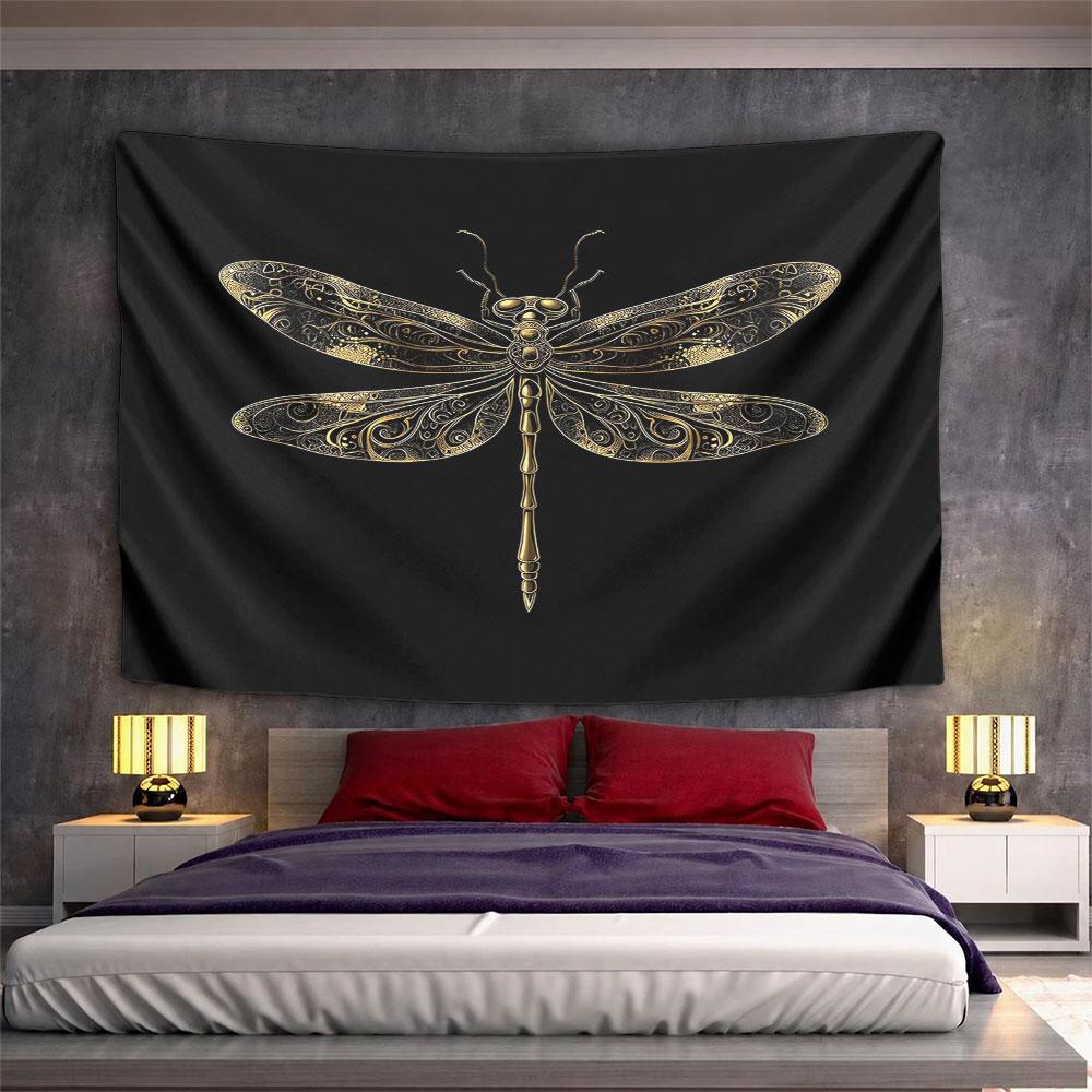 Golden Ornamental Dragonfly Art Design Pattern Wall Hanging Tapestry Decorative Tapestry Home Decor for Bedroom and Living Room