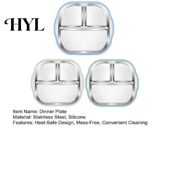 Silicone Sleeve Toddler Plate Stainless Steel with Suction Base 3-Compartment Baby Mess-free Mealtime Set Bowl Non-Slip Grip Unbreakable Metal