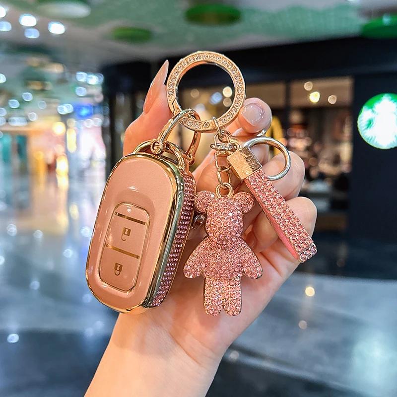 Чехол-оболочка для корпуса автомобильного ключа Honda Civic, Аксессуары для автомобиля, Милый брелок-медвежонок, Держатель для автомобильного ключа с бриллиантами
