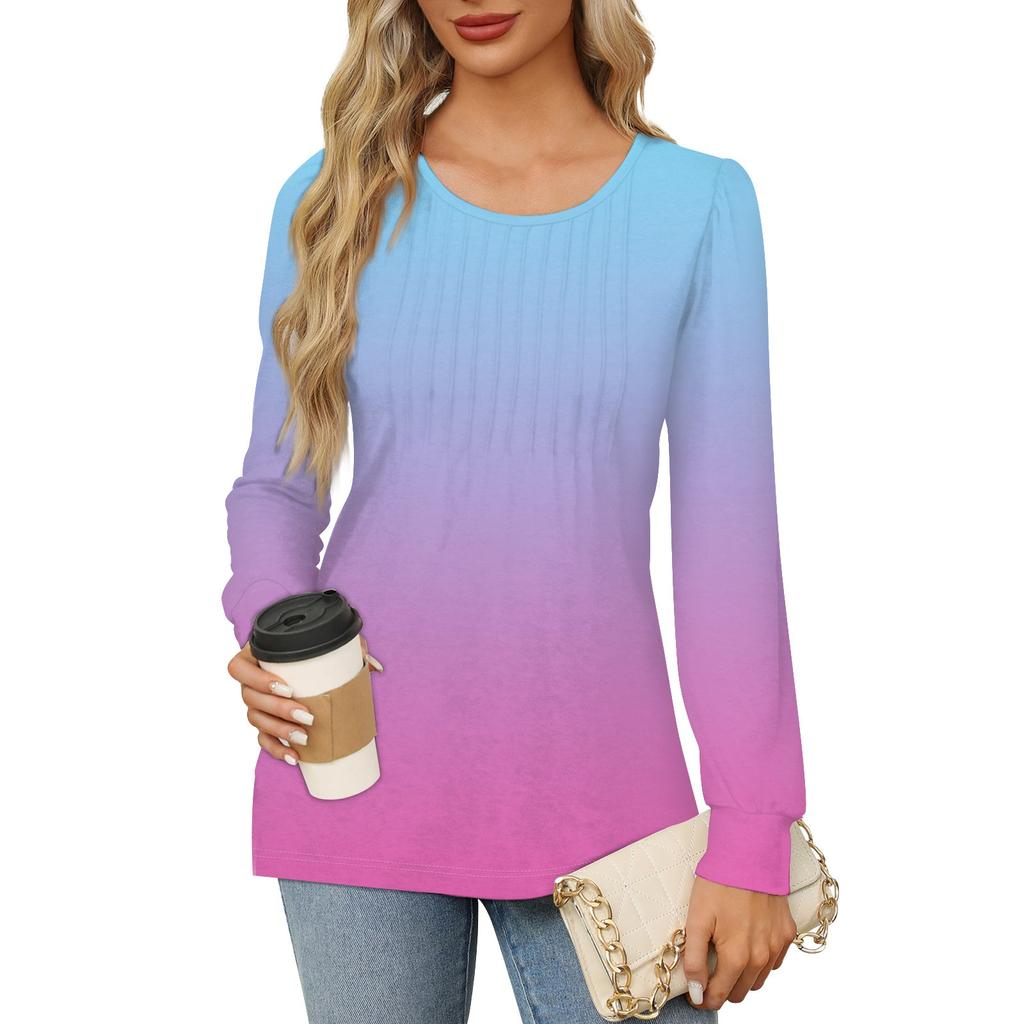 Женская повседневная плиссированная футболка с круглым вырезом и длинными рукавами с градиентным принтом