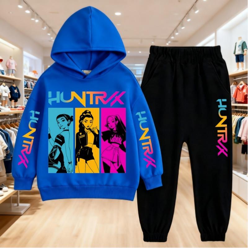 K-pop Толстовки с принтом «Охотники на демонов», комплекты детской одежды, детская толстовка + брюки, подходят для мальчиков и девочек 3-12 лет, розовая, черная толстовка