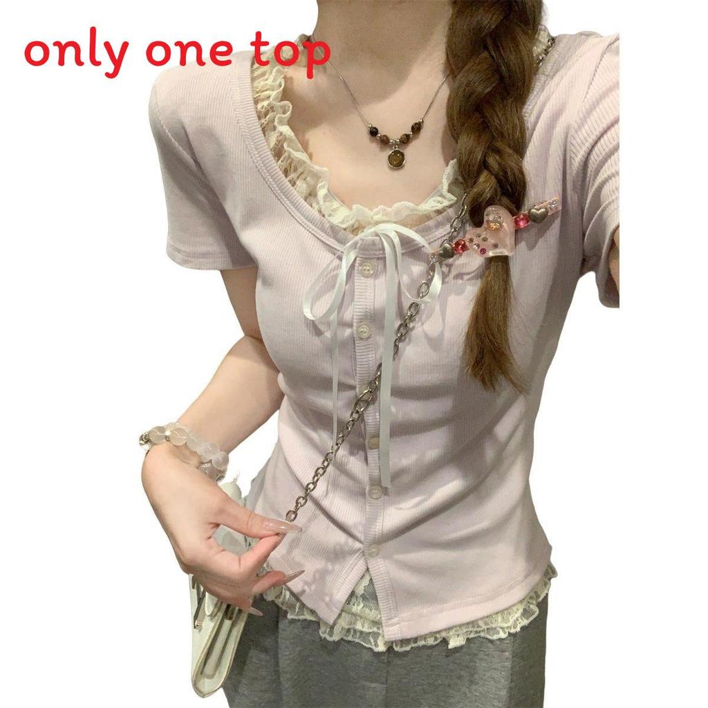 Plain Weave T Shirt With Lace Embroidery For Summer Casuals