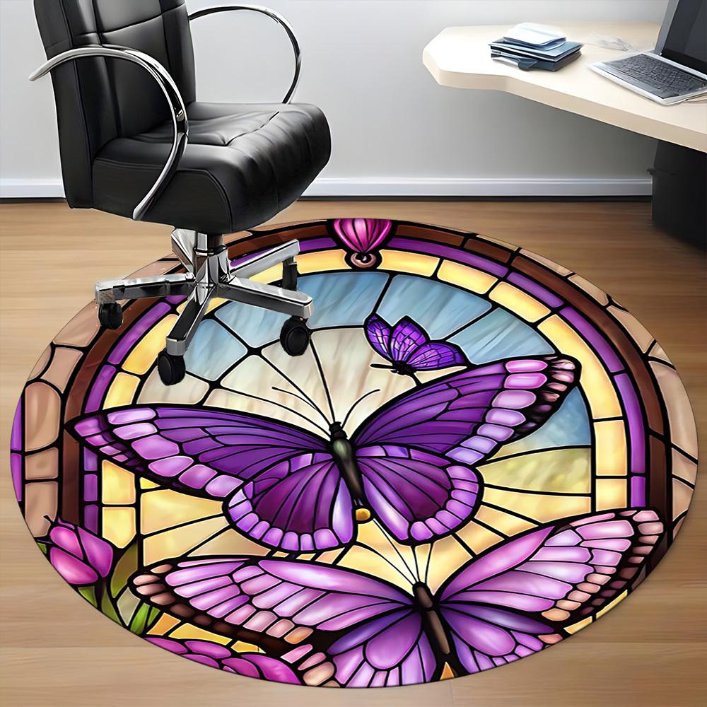 1pc Butterfly StainedGlass Office Round Area Rug, Mat Suitable ForOffice, Under Office Chairs Bedroom Living Room Home Decor, Room Deco