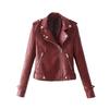 Solid Color Women Faux Leather Lapel Motorcycle Jacket Long Sleeve Zip Up Coat