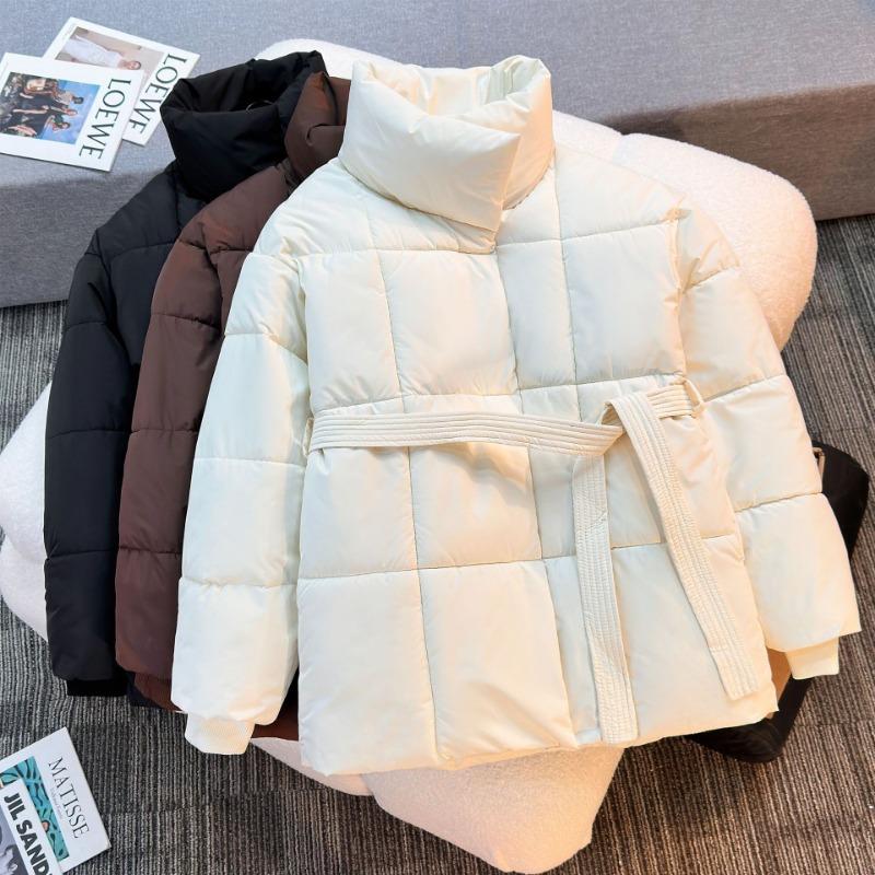 Women Stand Collar Belted Loose Fit Mid Length Long Sleeve Padded Coat Solid Color Winter Outerwear