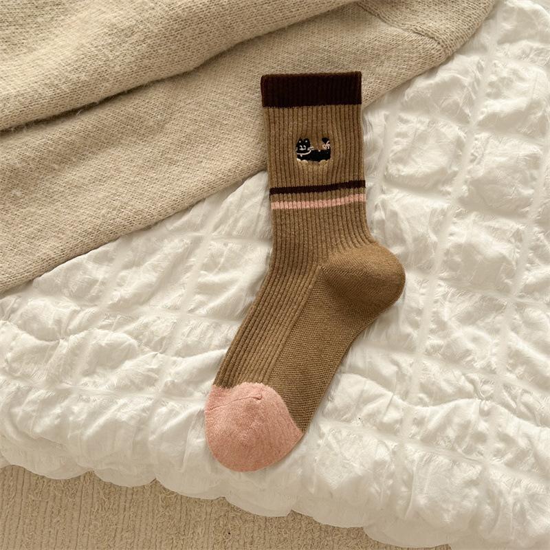 Женские осенне-зимние шерстяные носки до середины икры в мультяшную полоску без косточек, теплые длинные носки