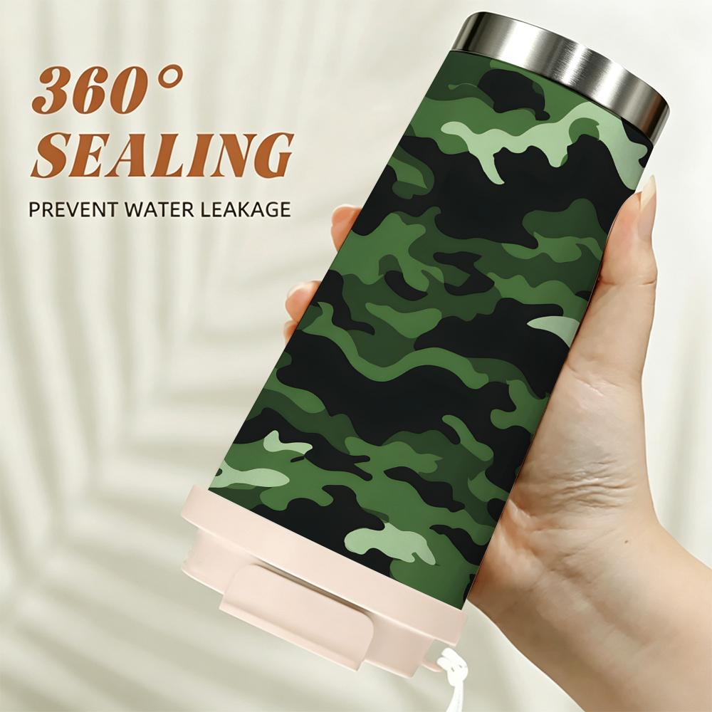 Green Camouflage Pattern Stainless Steel Insulated Coffee Tumbler Vacuum Travel Mug Leakproof Cup for Hiking Outdoor Sport Camping