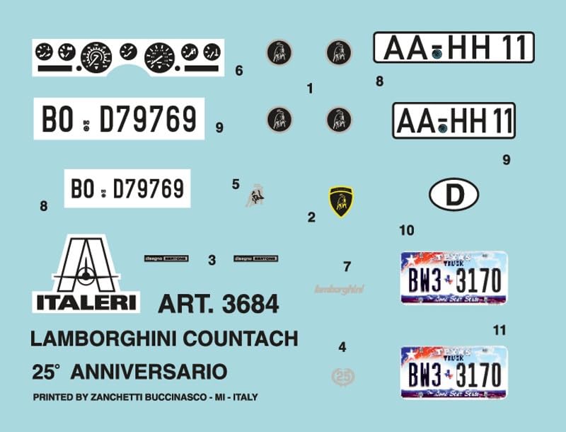 Место Italeri 1/24 Lamborghini Countach 25th Anniversary Пластиковая модель-конструктор IT3684 (Автомобиль)