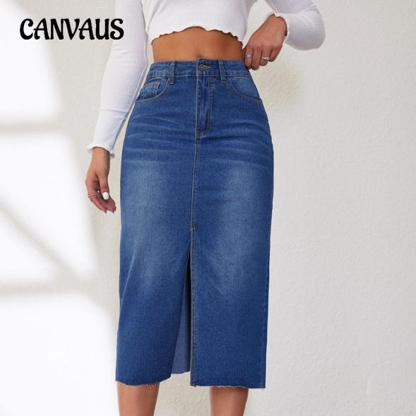 Женская джинсовая юбка, винтажная эластичная джинсовая полуюбка средней длины с разрезом, полуюбка