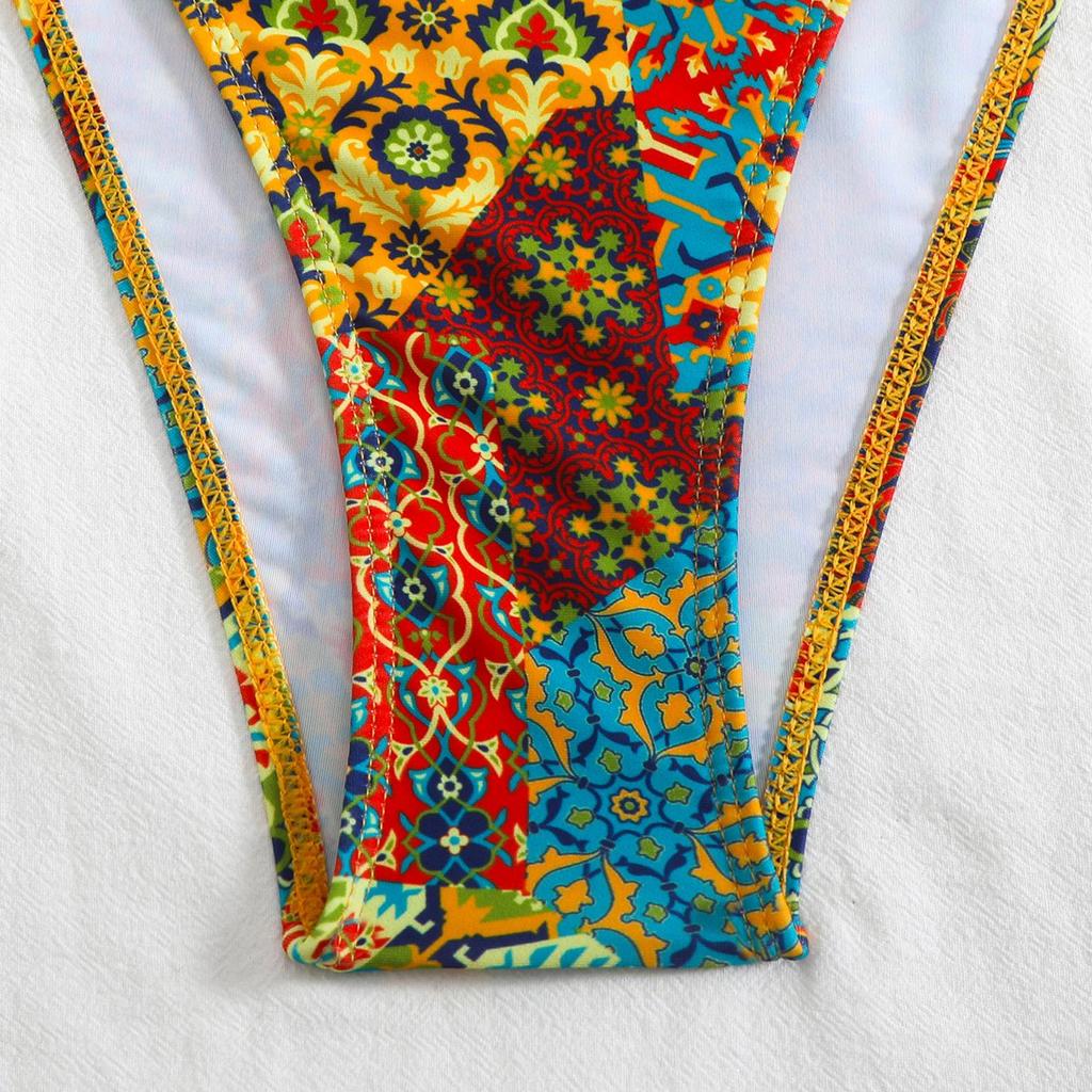 2025 European & American Women's Print Sexy Backless Double Tie Bikini Swimsuit