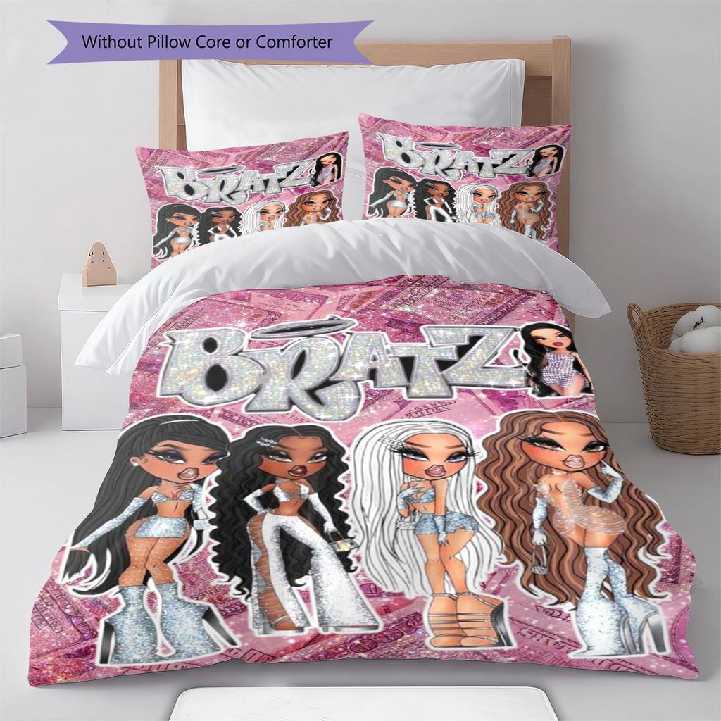 Постельное белье с принтом кукол Bratz, комплект одеял, пододеяльник, наволочка, домашний декор, подарок (1 пододеяльник + 2 наволочки, без наполнителя)