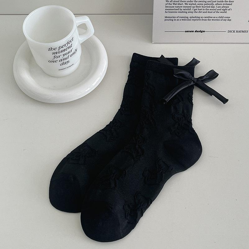 1 Pair Japanese Grey Bow 3D Bear Calf Socks Kawaii Vintage Seamless Pile Loose Socks for Girl Spring Summer Thin Casual Socks