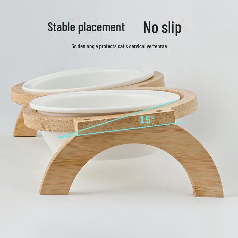 Керамическая миска для домашних животных на деревянной подставке двойного назначения: Противоударная конструкция для защиты шеи, подходит для кошек и собак.
