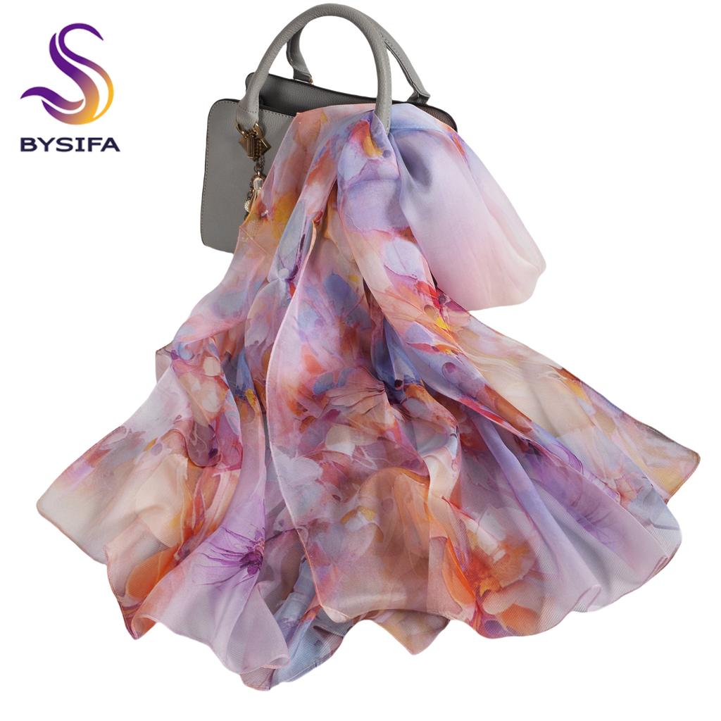 [BYSIFA] Women Chiffon Pure Silk Scarf Cherry Blossom Floral Design Long 100% Silk Shawl Scarf Purple Pink Silk Scarves Echarpes