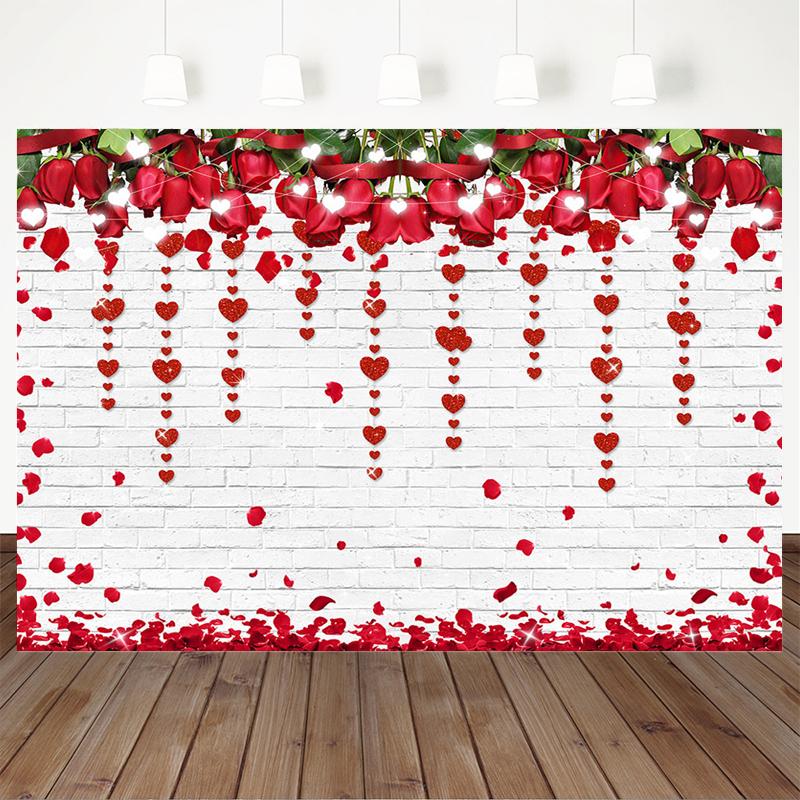 Mocsicka Rose Brick Wall Backdrop Photography Valentine's Day Red Flower Background Decoration Props Girl Photo Studio Photozone