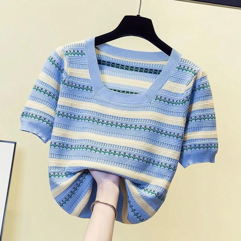 Women's Summer Thin Ice Silk Short-sleeved T-shirt Striped Square Neck Slim Thin Blouse