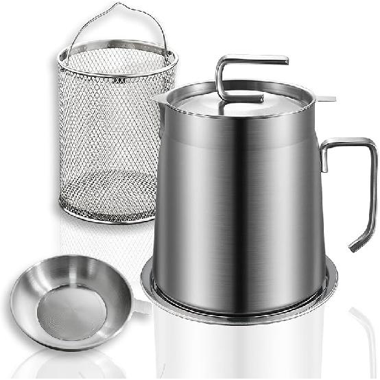 2 in 1 Oil Strainer Pot,304 Stainless Steel Large Capacity Versatile Oil Filter Vessel with Frying Basket,Cooking Oil Container with Splash-proof