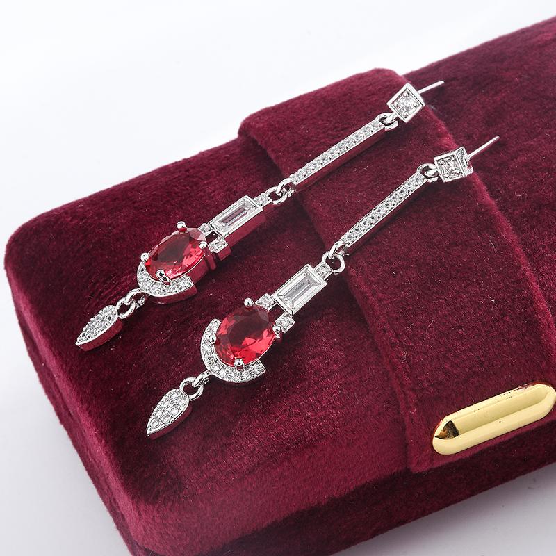 2024 Baguette Oval Ruby Full Diamond Long Tassel Stud Earrings for Women Zircon Plated Valentine Gift Jewelry