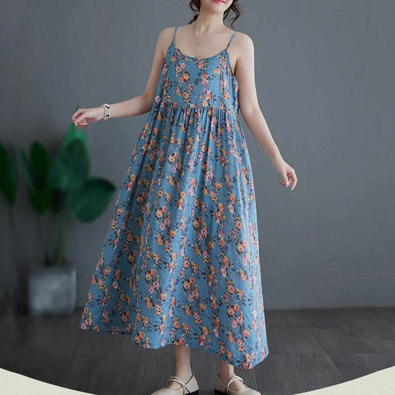 Хлопок без рукавов на бретельках больших размеров, новые винтажные платья с цветочным принтом для женщин, повседневное свободное длинное летнее платье