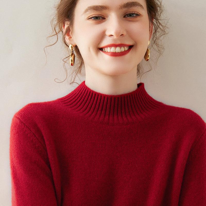 Женский кашемировый свитер однотонный с полувысоким воротом - Приталенный, свободного кроя, вязаный с длинным рукавом для осени/зимы.