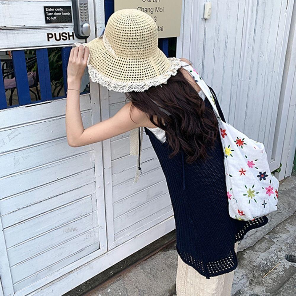 French Style Lace Bucket Hat Sweet Women's Sun Hat Sunscreen Bow Ribbon Straw Hat Girls