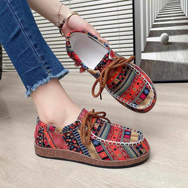 2025 внешняя торговля большой размер этнический стиль шнуровка одинарная обувь женская низкий верх цветное граффити холст плоская подошва одинарная обувь взрыв