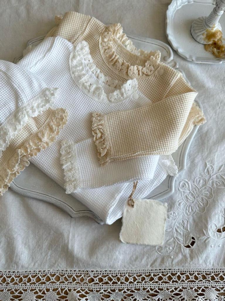 Korean-Style Baby Summer Waffle Lace Romper Jumpsuit - Children's Crawling Outfit