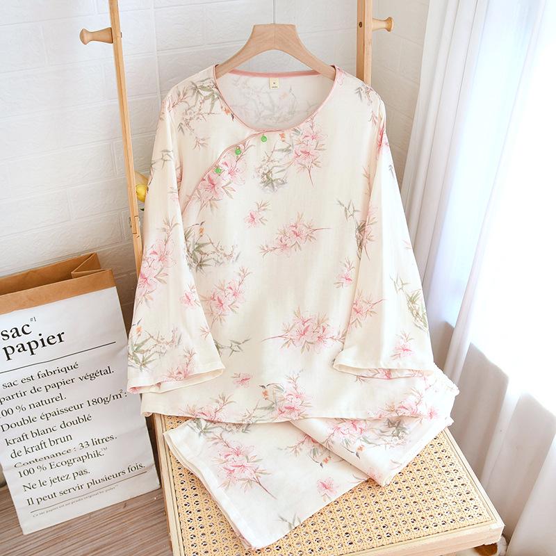 Женский повседневный пижамный комплект из бамбукового волокна - Милый весенне-летний стиль знаменитостей из Интернета с топом с длинными рукавами и брюками