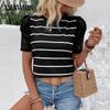 Летняя женская футболка с круглым вырезом и коротким рукавом в полоску, кружевной удобный повседневный тонкий топ