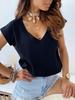 2025 Женская однотонная футболка с V-образным вырезом и коротким рукавом на весну и лето
