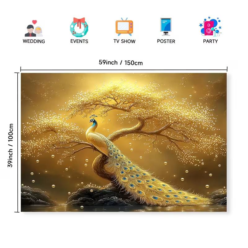 2D Elegant Gold Peacock Tapestry, Golden Bonsai Tree with Sparkling Bubbles Backdrop Cloth for Room Decor