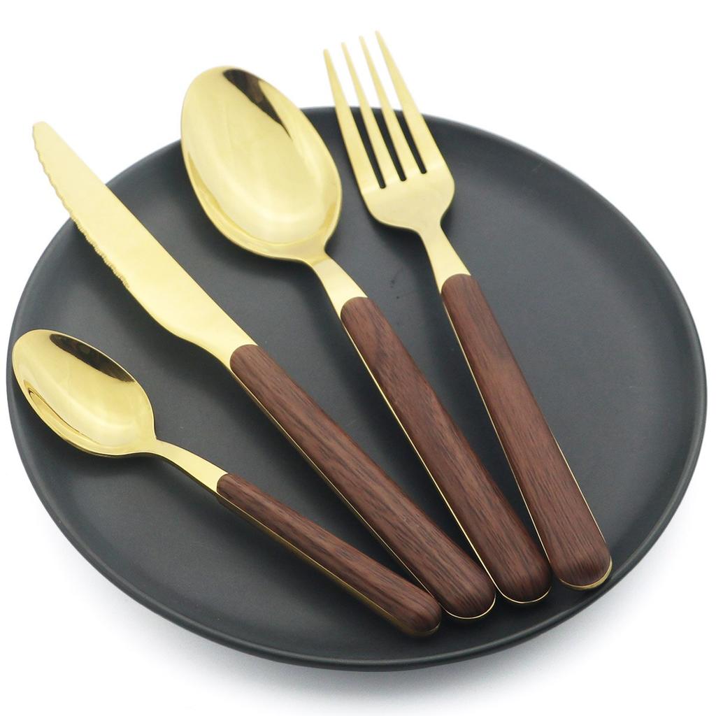 5 шт., столовая посуда с деревянной ручкой, набор столовых приборов с зеркалом из нержавеющей стали, западный нож, вилка, ложка, столовое серебро, набор посуды