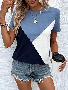 Women's Color Block Short Sleeve T-Shirt Casual Crew Neck Summer Tee Shirt