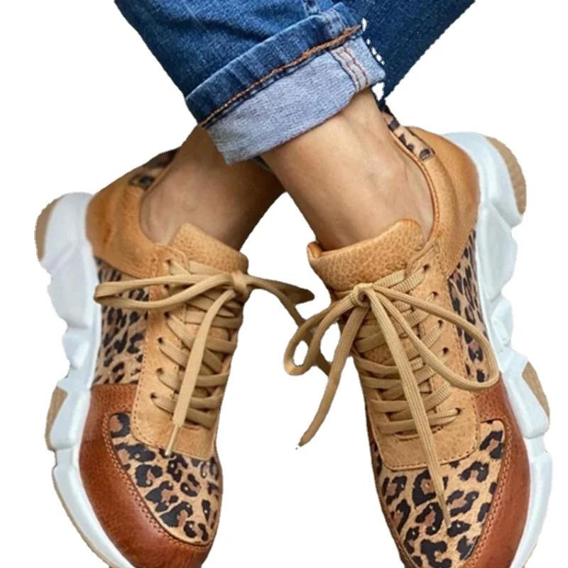 Модные женские повседневные кроссовки с леопардовым принтом, удобные женские кроссовки на платформе со шнуровкой, модные женские спортивные туфли с круглым носком в тон