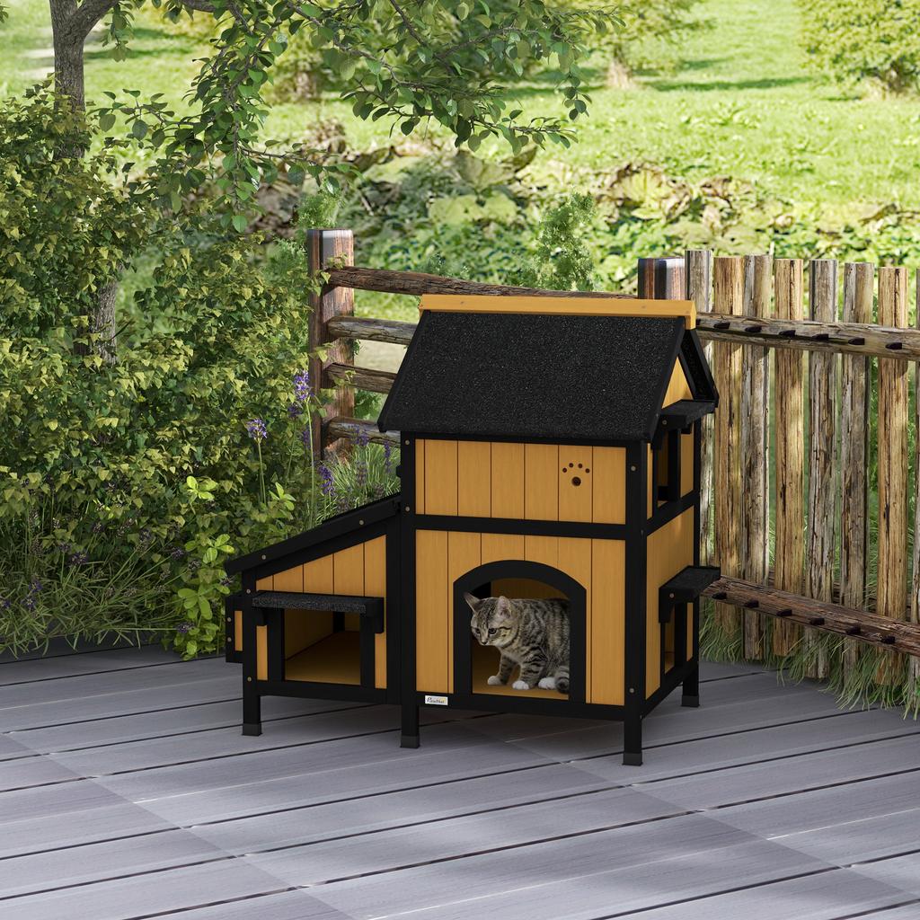 Wooden Cat House with Flower Pot, Windows, Multiple Entrances, Water-Resistant Roof for Outdoor - Yellow
