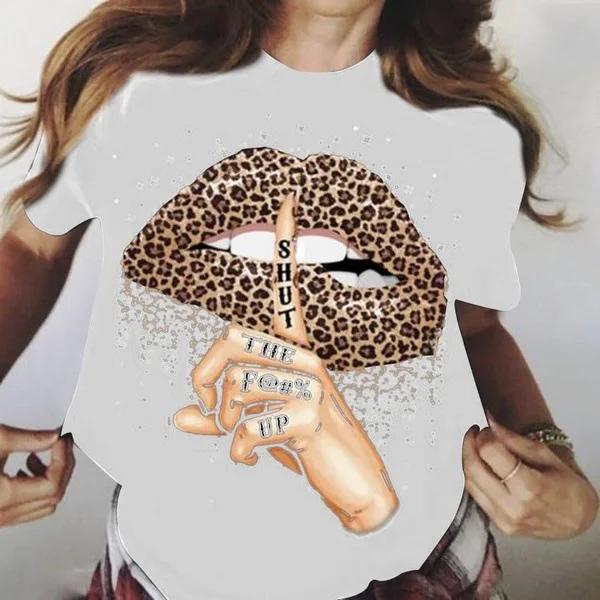Футболка с принтом «Leopard Lip Shut Up» для женщин с коротким рукавом и круглым вырезом, свободная футболка, летняя женская футболка, топы, Camisetas Mujer