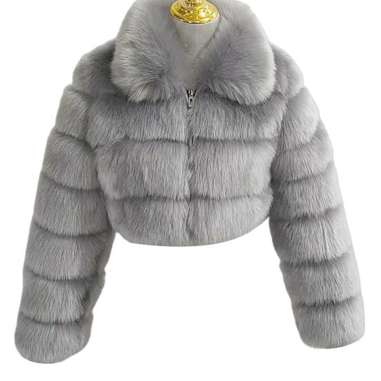 Женская зимняя короткая куртка с отложным воротником и длинными рукавами-молнией из искусственного меха