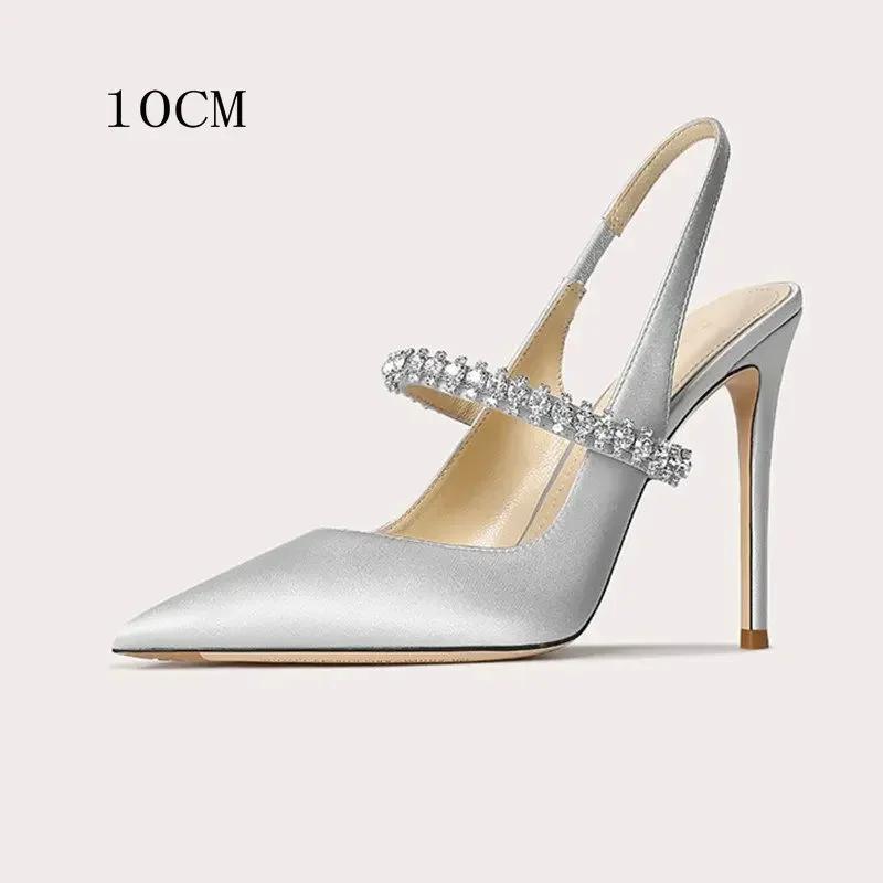 Мода Размер 34 45 Женские бриллиантовые сандалии с закрытым носком 2024 Новые туфли на высоком тонком каблуке с острым носком из овечьей кожи Женские свадебные туфли