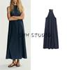 Autumn New Women Clothes French Style Commuter Style Simple Sleeveless Hanging Collar Denim Long Dress 6929287