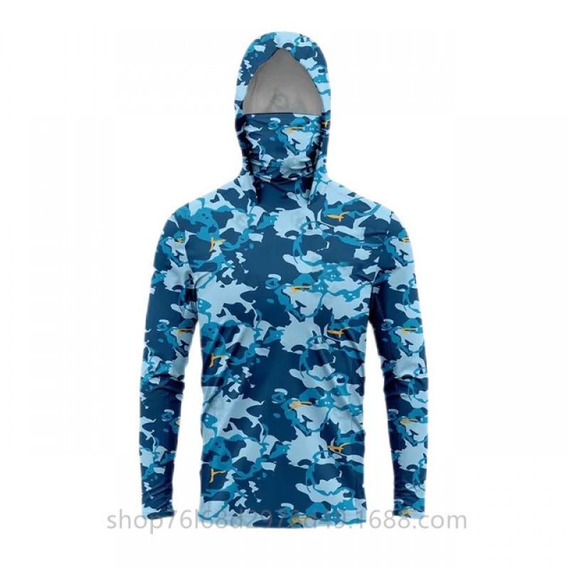 Mens Ice Silk Long Sleeve Fishing Shirt With Integrated Camo Face Cover Hood UPF50 Sun Protection Lightweight Quick Dry