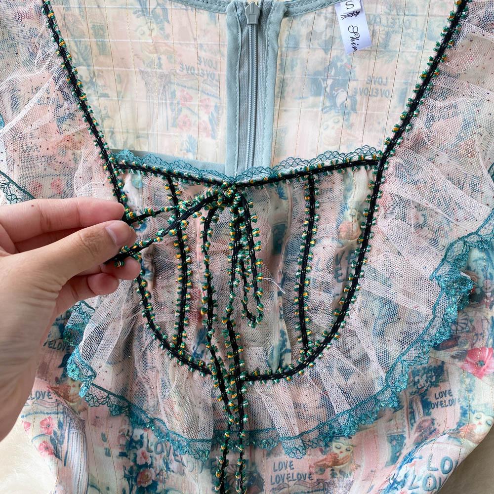 Летнее платье с коротким рукавом для автопортрета, женское сексуальное платье с квадратным воротником и оборками из сетки, дизайнерское подиумное вечернее платье миди