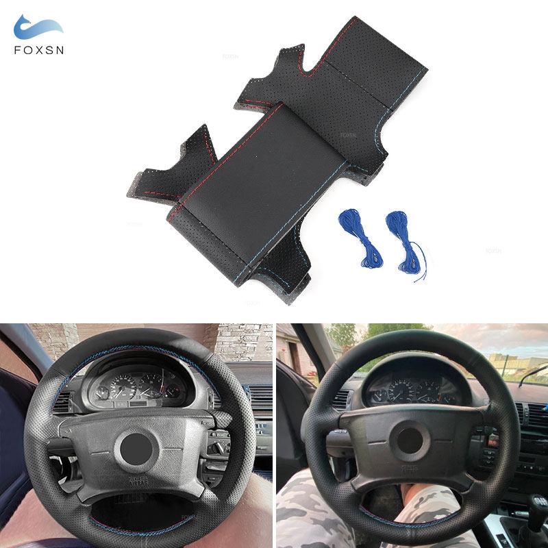 For BMW 3 5 Ser E36 E46 E39 X3 E83 X5 E53 Hand-stitched Car Steering Wheel Leather Cover Trim Accessories Black Red Blue