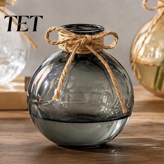 Nordic Style Flower Container Clear Round Resin Vase, Transparent Sphere Pot with Jute Stylish for Windowsill Bow, Modern Plastic Planter Hydroponic