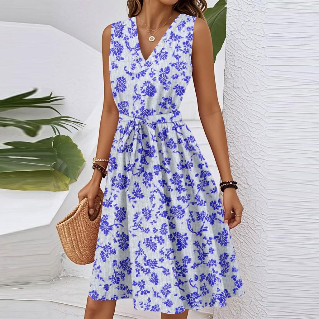 Women's Spring And Summer Casual V-Neck Sleeveless Waist Floral Print Midi Dress