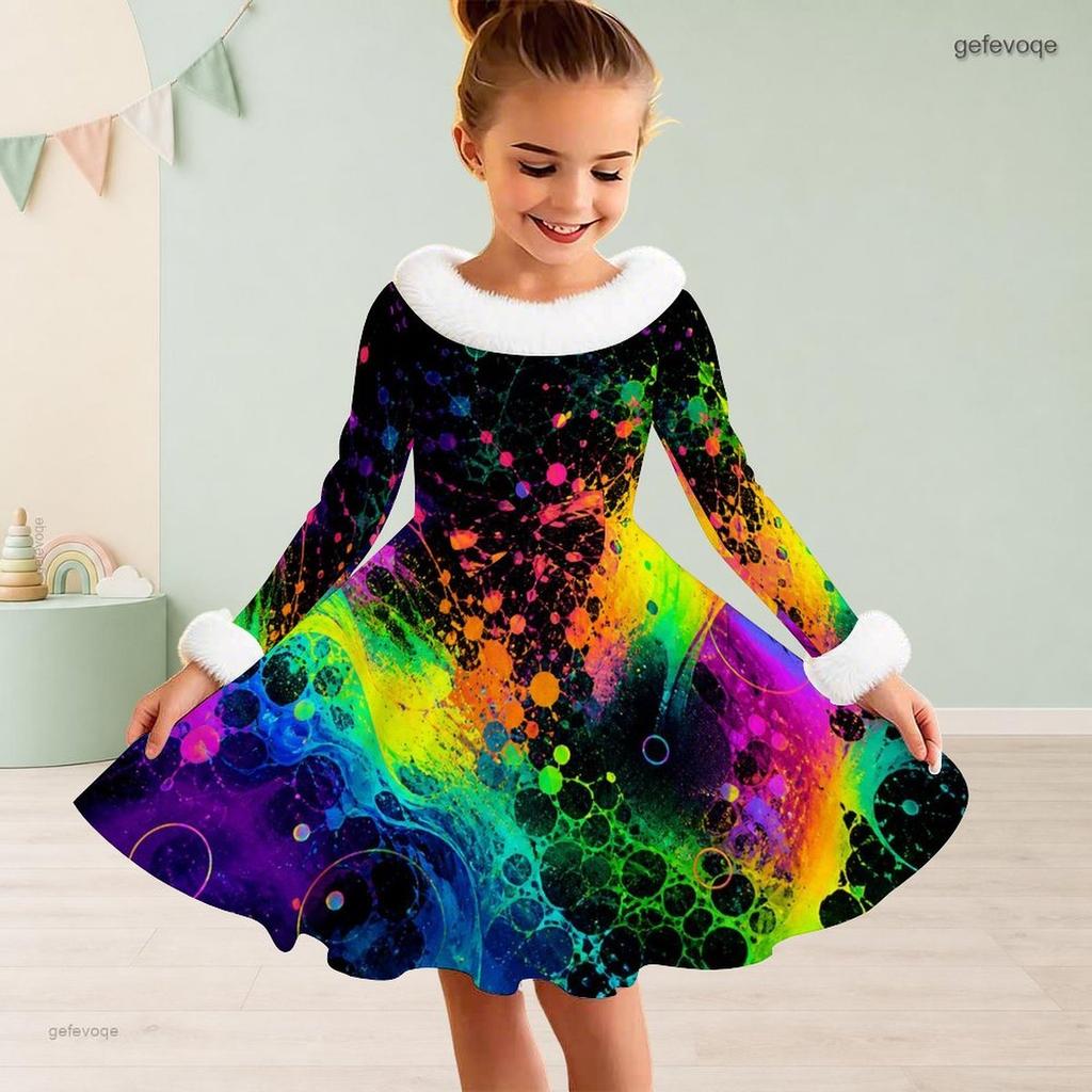 Girls Furry Trim Long Sleeve Printed A Line Flared Dress